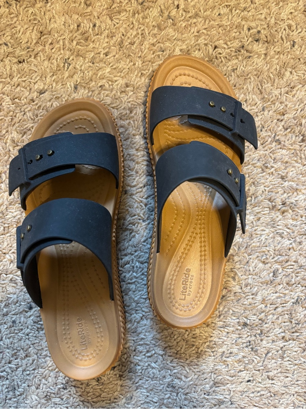 CROCS Two-Strap Platform Slide Sandals in Black and Tan